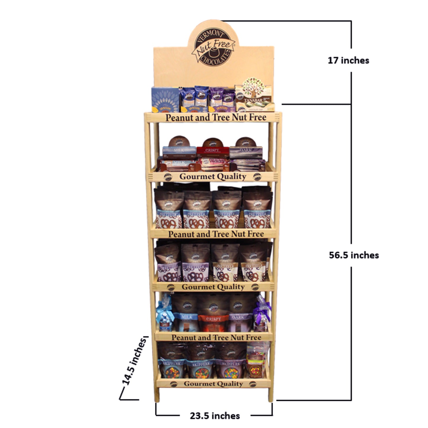 Wooden display rack filled with Vermont Nut Free products. Dimensions are shown.