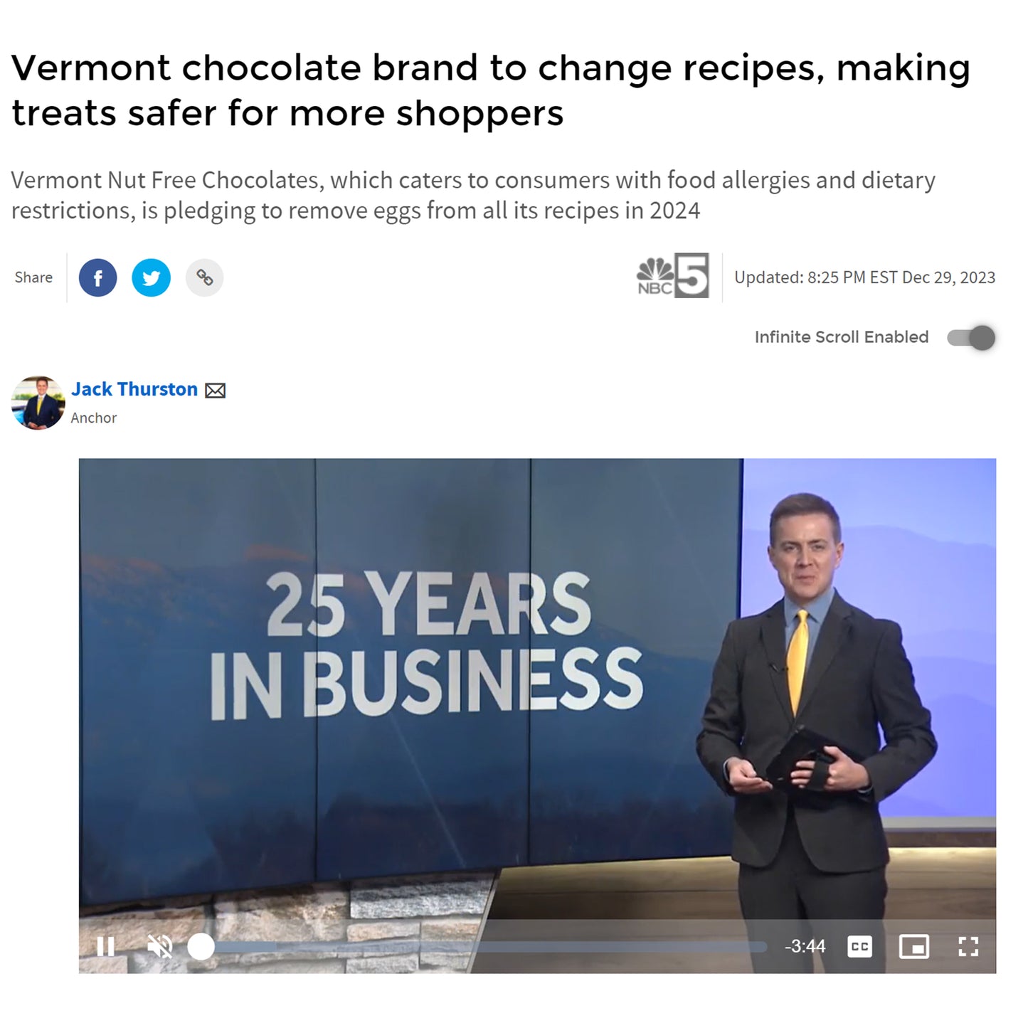 Screenshot of article from NBC5 titled Vermont Chocolate Brand to Change Recipes, Making Treats Safer for More Shoppers