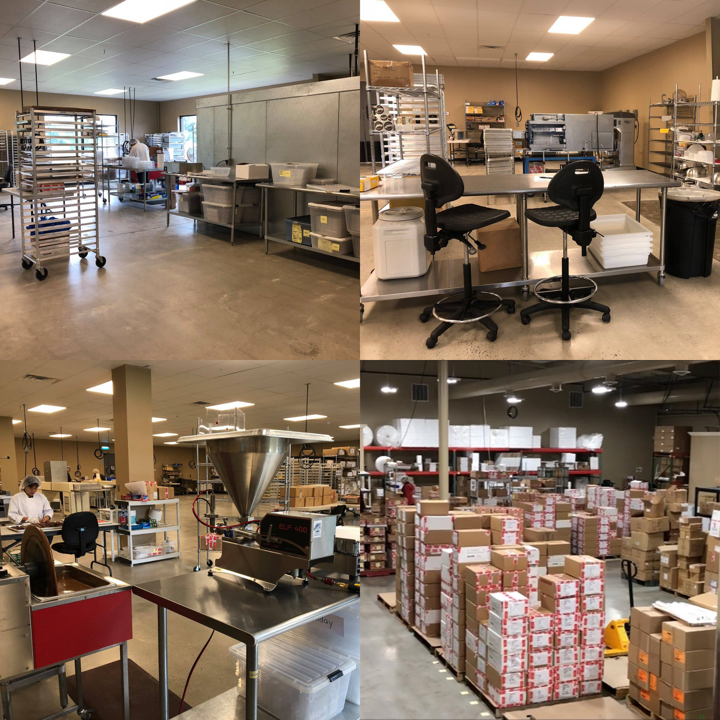 Collage showing four pictures of production kitchens and a warehouse