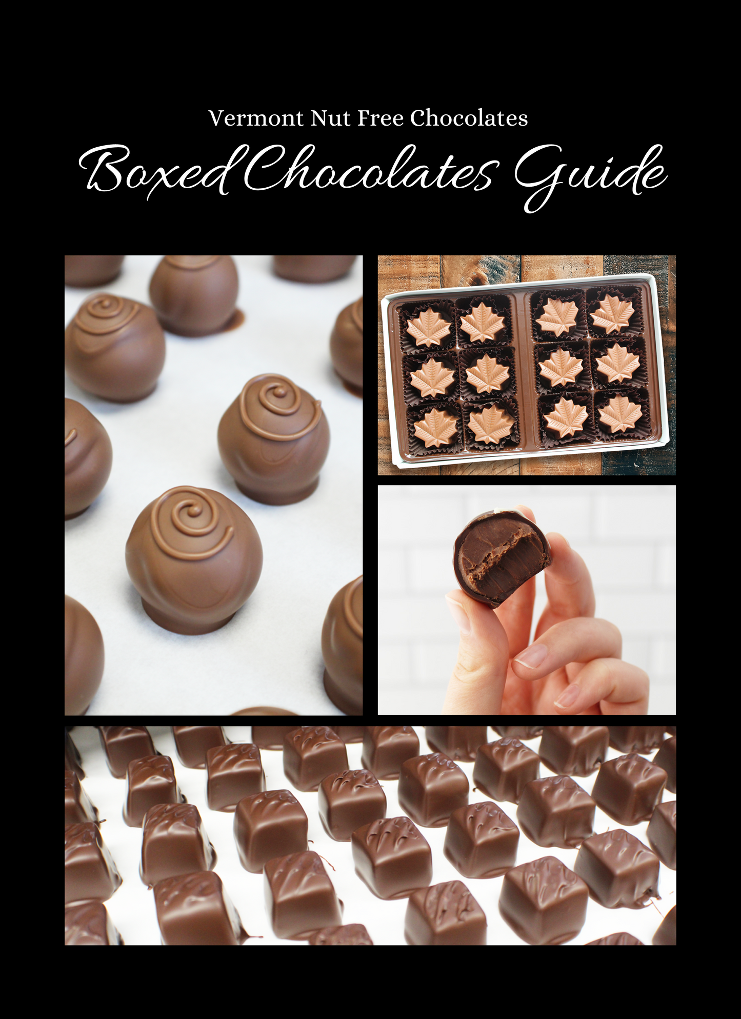 The Vermont Nut Free Chocolates Boxed Chocolates Guide with pictures of truffles, caramels, and maple creams.