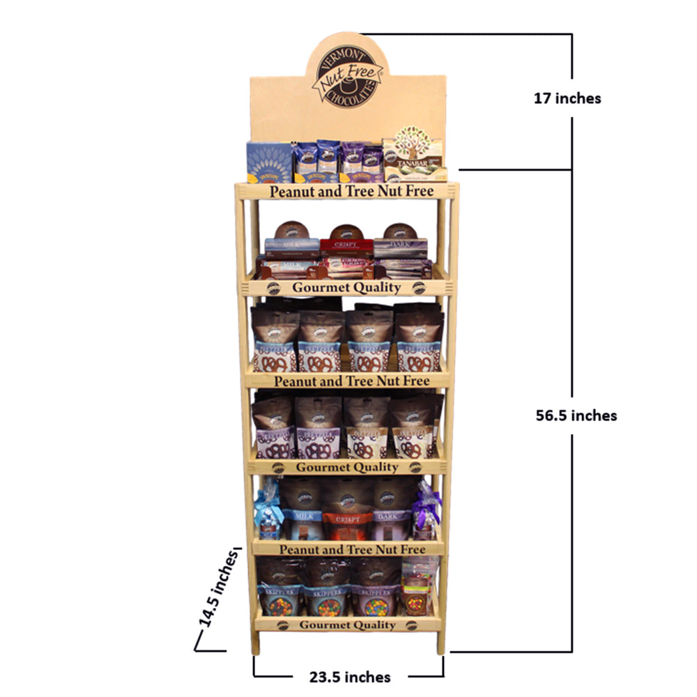 Wooden display rack filled with Vermont Nut Free products. Dimensions are shown. 
