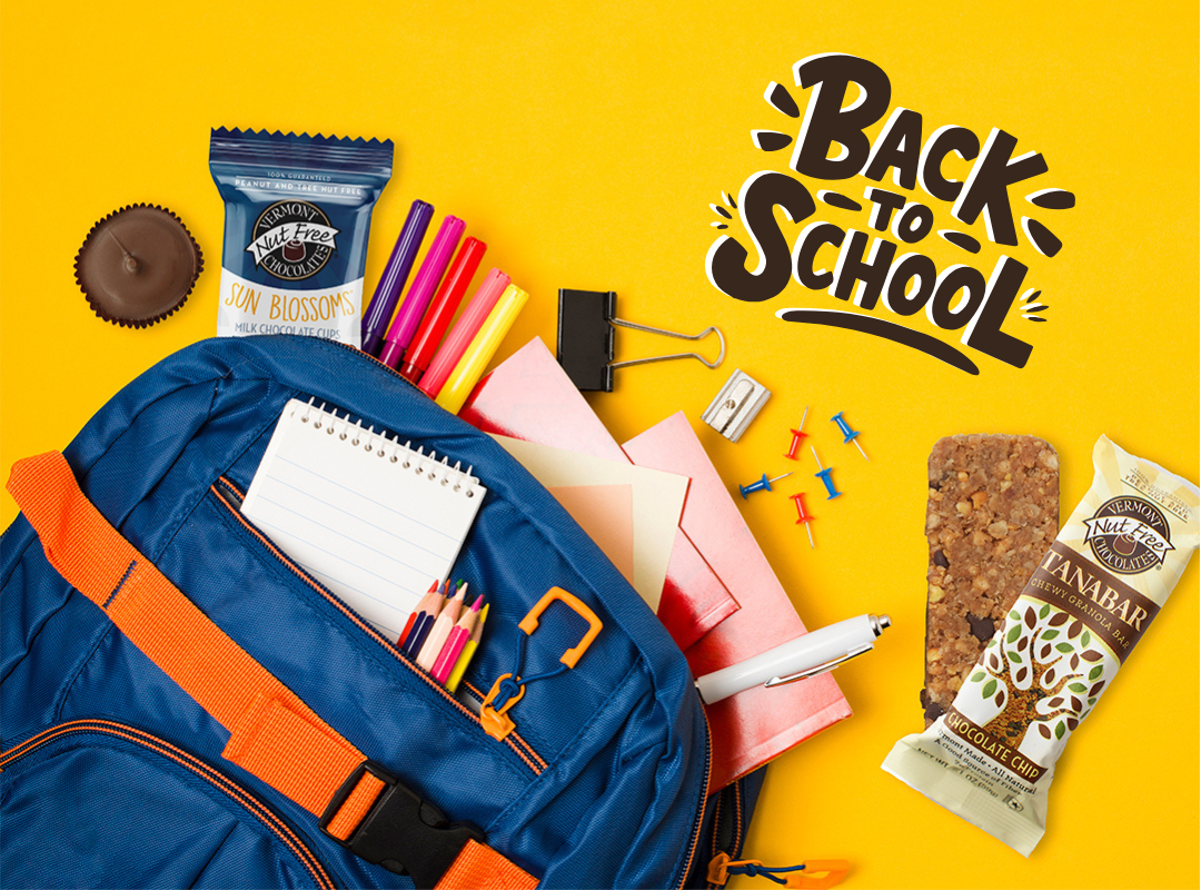 Back to School on Orange Background with Sun Blossom and Nut Free TANABAR Granola Bar