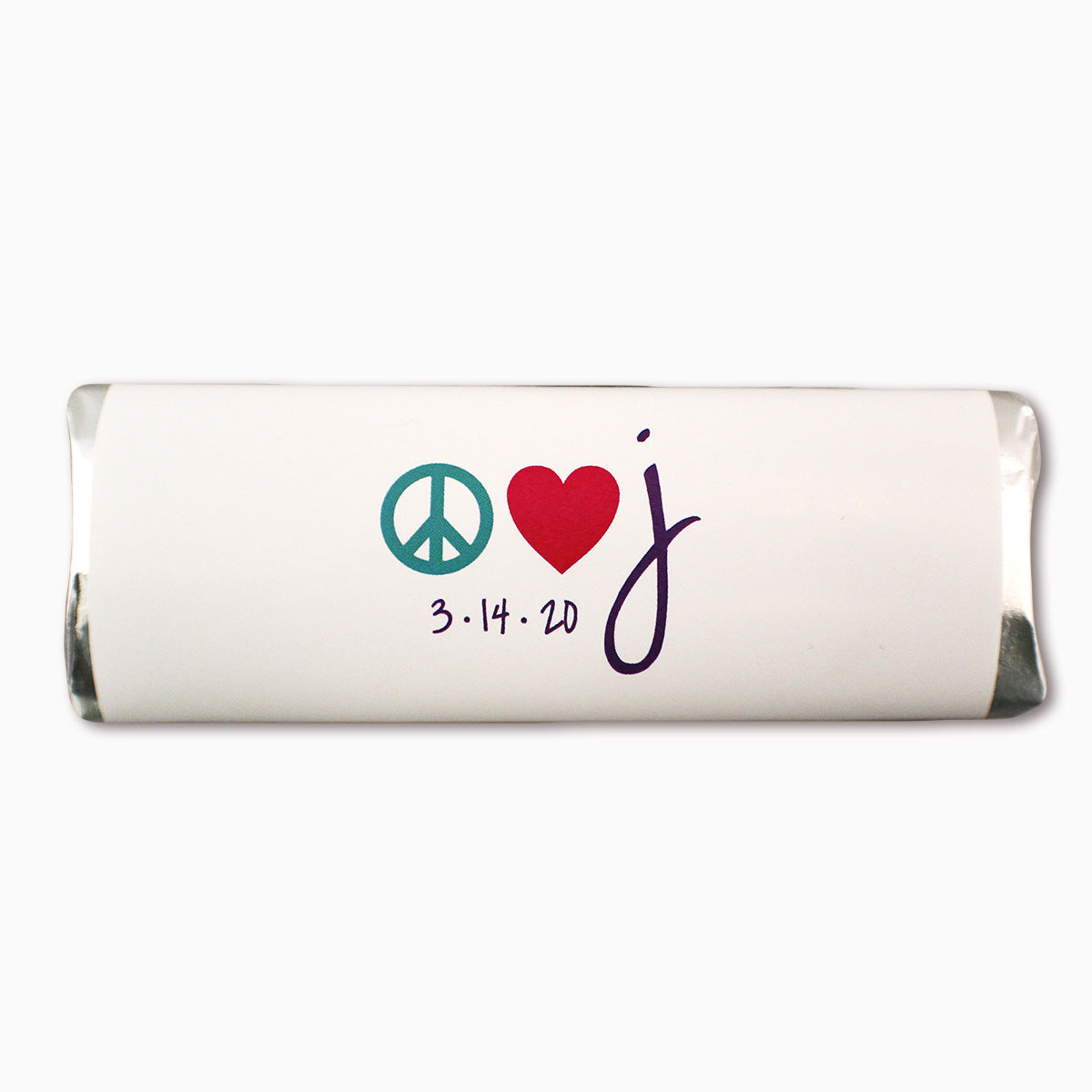 Chocolate Bar with white wrapped that has a peace sign, a heart, and the letter "J". A small date for March 14, 2020 is underneath. 