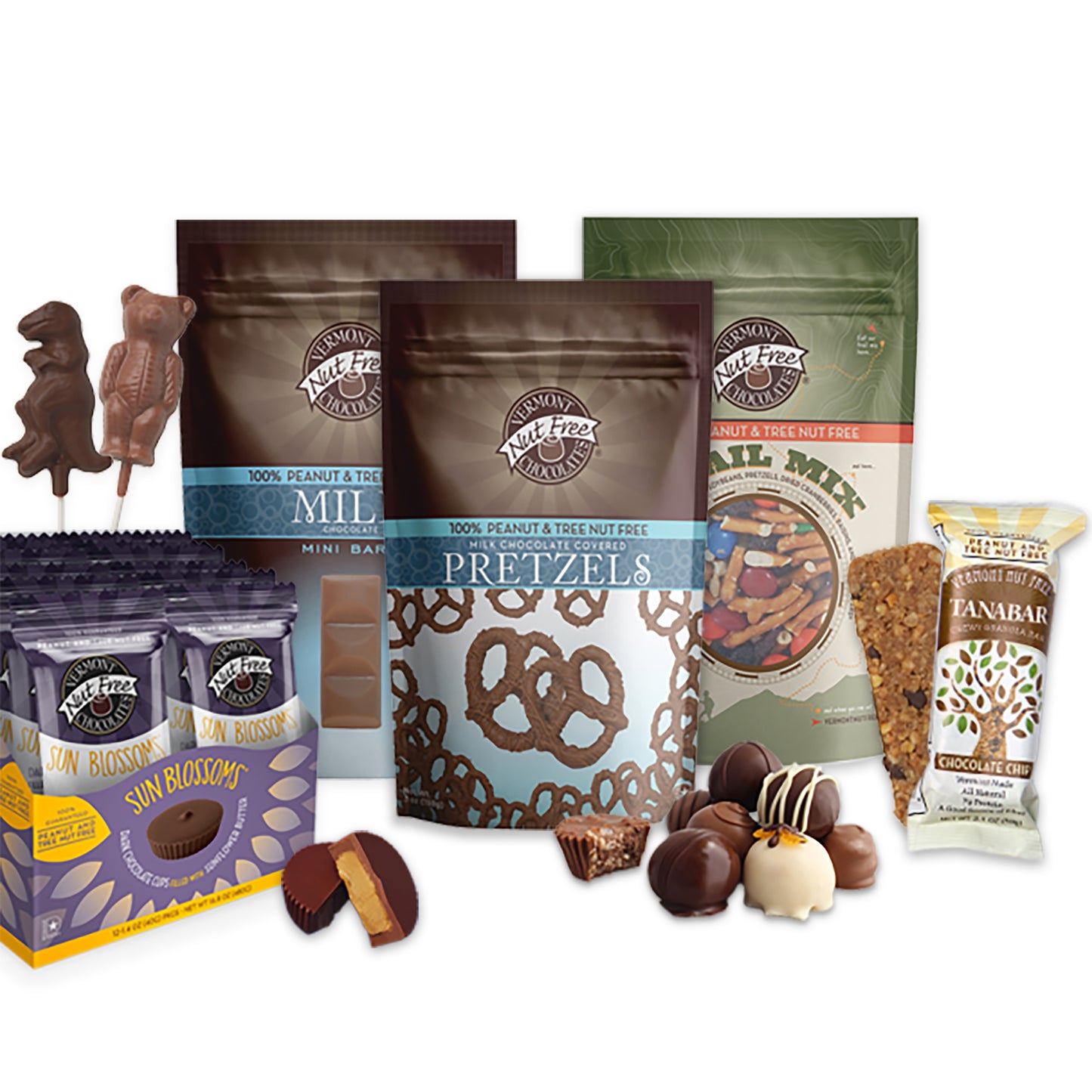 A range of Vermont Nut Free Chocolates products. Including chocolate pops, Sun Blossoms, Milk Chocolate Covered Mini Twist Pretzels, Milk Chocolate Mini Bars, Trail Mix, Truffles, and TANABAR Granola Bars